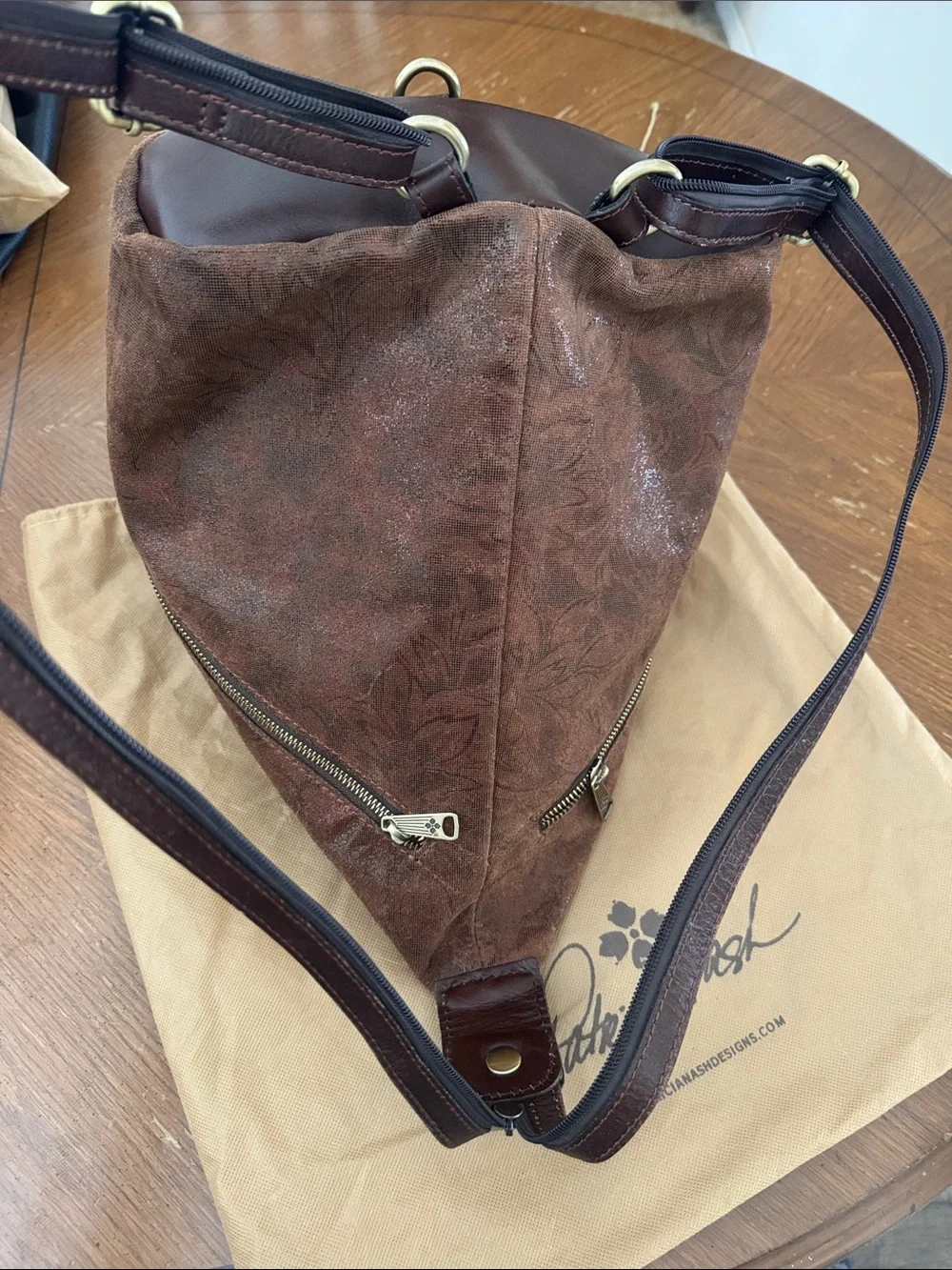 PATRICIA NASH LEAF SUEDE LEATHER CONVERTIBLE SLING BACKPACK JACQUARD DUST BAG